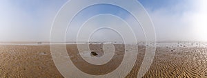 Endless ocean floor uncovered at low tide with sand structures and rocks and tidal pools under lifting fog in the blue sky