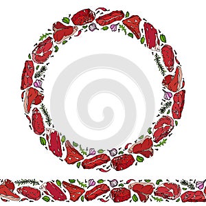 Endless Pattern Brush, Round Garland with Popular Steak Types, Onion, Garlic, Herbs, Pepper, Cloves. Steak Restaurant Menu. Wreath