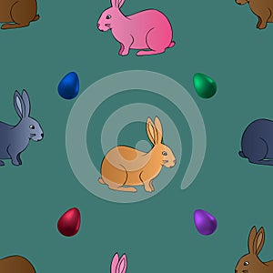 Endless pattern of Easter Bunny and egg. Vector.  Animal on an isolated green background.