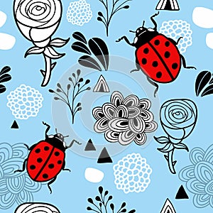 Endless pattern with red bugs and floral elements.