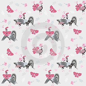 Endless pattern in retro style with funny cockerels and chickens decorated with bows and flowers. Print for fabric