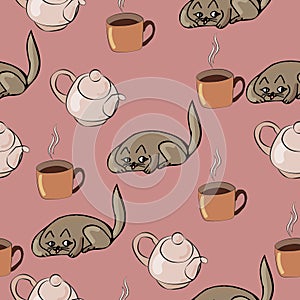Endless pattern of teapot, cat and tea. Homeliness