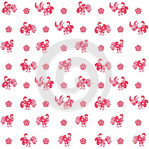 Endless pattern with tiny red cockerels in folk style and flowers on a white background. Print for fabric, wallpaper, packaging