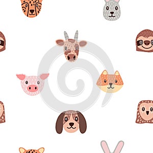 Endless pattern of various adorable happy muzzles. Repeatable print of different cute animal faces. Amusing childish