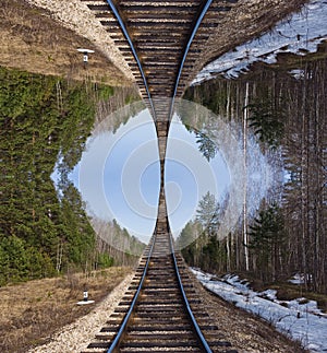 An endless railway extending into the sky in fantasy an upside-down world Inception style