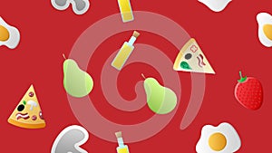 Endless red seamless pattern from a set of icons of delicious food and snacks items for a restaurant bar cafe: pizza, mushrooms,