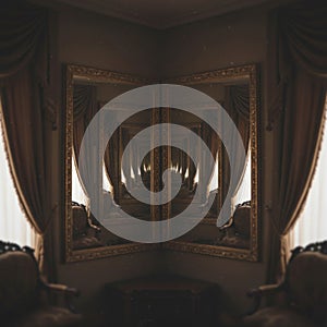 Endless reflection in the mirrors of a classic interior.