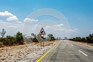 Endless road with blue sky and sign elephants crossing