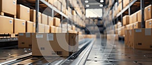 An endless row of cardboard boxes on a conveyor belt in a warehouse, showcasing streamlined logistics and supply chain