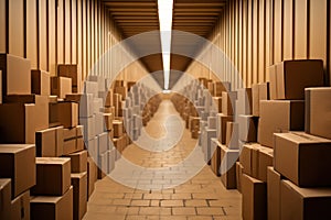 Endless Rows of Cardboard Boxes in Warehouse.