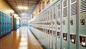 Endless rows of school lockers stand ready for students in a quiet hallway photo