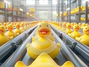 Endless Rows of Yellow Rubber Ducks on a Conveyor Belt