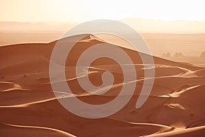 Endless Sands of the Sahara desert. Beautiful sunset over sand dunes of Sahara Desert Morocco Africa