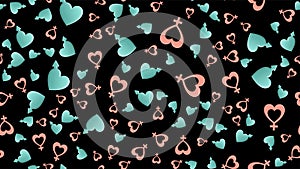 Endless seamless pattern of beautiful festive love symbols of female and male sexes in a heart on a black background. Vector