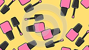 Endless seamless pattern of beautiful pink beauty cosmetic items for nail polish bottles for manicure on a yellow background.