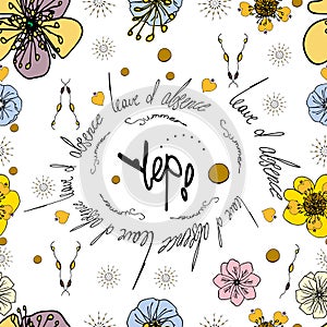 Endless seamless pattern with flowers and lettering.