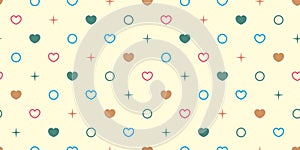 Endless seamless pattern of hearts of different colors, circles and dots. Green blue pink vector hearts on yellow