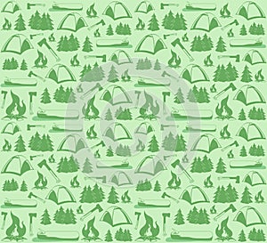 Endless seamless pattern on the theme of camping and hiking in the mountains. The pattern consists of tents, pine trees, bonfires