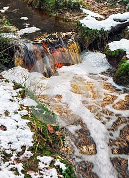 Endless stream at winter. Fast mountain river close-up. Karelia, Russia