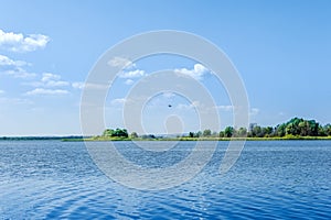 Endless summer landscape. Lake, forest and clear blue sky with beautiful little clouds.