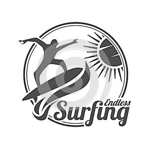 Endless surfing. Surf board and ocean wave logo. Illustration of sport surf board badge