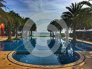 Endless swimming pool with palm trees