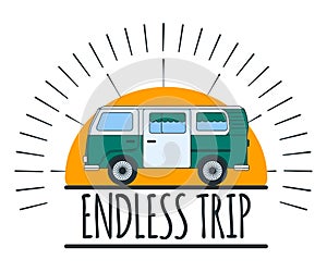 Endless Trip. Family Road Travel. Label, Badge and Banner. Concept Travel Automobile for Web, Print, T-Shirt. Logo, Icon and