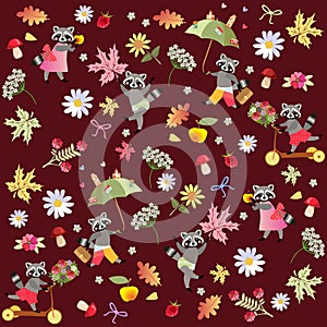 Endless vector pattern with cute cartoon raccoons, flowers, raspberries, mushrooms, leaves and apples.