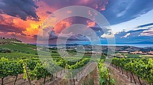 Endless vineyard plots create intricate geometric patterns on the vast rolling hills photo