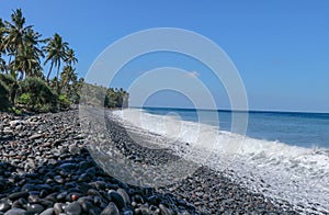 An endless virgin pebble beach with palm trees and tropical vegetation on Bali Island in Indonesia. The waves wash the stony coast