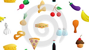 Endless white seamless pattern of delicious food and snack items icons set for restaurant bar cafe: ice cream, vegetables, fruits