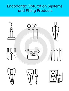 Endodontic Obturation Systems and Filling Products icon set . Root canal treatment. Endodontist dentist equipment and