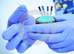 An endodontist physician places the endodontic instruments in a sterile box. A set of hand tools placed in a sterile box