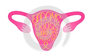 Endometriosis awareness month banner. Uterus with handwritten text with yellow ribbon vector illustration. Female gynecology photo