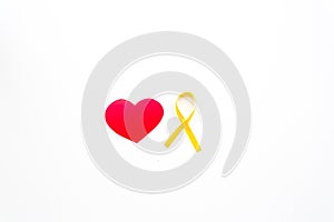 Endometriosis. Gynecological diseases concept. Symbolic yellow ribbon near heart sign on white background top view copy