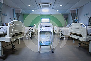 Endoscopy cart machine with empty beds in row at hospital ward