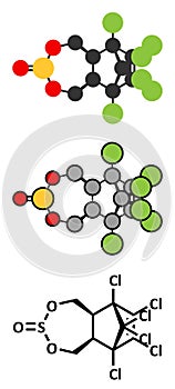 Endosulfan insecticide molecule. Banned in many countries due to toxicity. Stylized 2D renderings and conventional skeletal