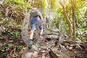 Endurance concept, group of hikers climbing up, trekking