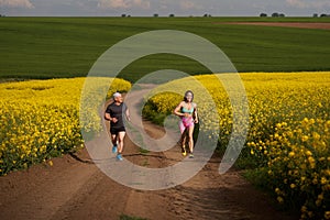 Endurance runners on a dirt track in a canola field, training