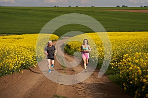 Endurance runners on a dirt track in a canola field, training