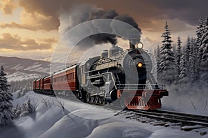 Enduring Steam locomotive winter smoke. Generate Ai photo