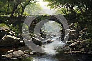 Enduring Stone arch river water. Generate Ai photo