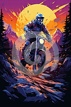 Enduro motorbike biker navigating challenging mountain terrain, displaying skills and adventurous spirit