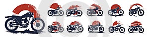 Enduro off road motorcycles grunge dark ink silhouettes vintage models vehicles with red splash background. Scrambler