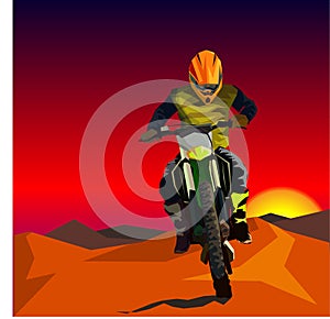 enduro in the sunset sunrise dune dessert flat style illustration