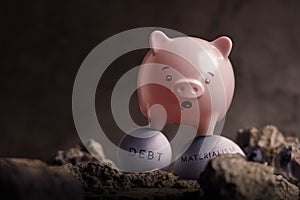 Enemies of Financial Success Concepts. Economic and Savings Crisis. a Pink Piggy Bank in Shocked Face on Unstable Ball of Debt