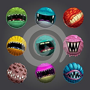 Enemy bubble concept. Crazy cartoon colorful balls with creepy mouths.