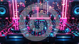 An energetic 3D background of a futuristic DJ booth, with neon glowing turntables, headphones, and mixers