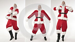 Energetic active dance of excited fun Santa Claus, congratulation happy holidays
