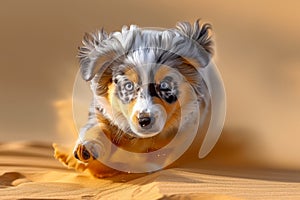 Energetic Australian Shepherd Puppy Running on Sandy Surface Captured in Dynamic High Resolution Photograph
